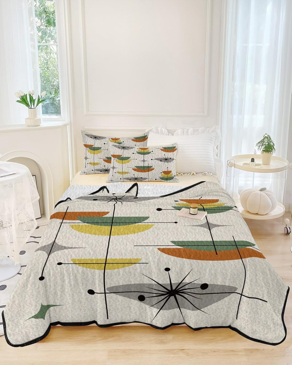 Full Size Quilt Set, Mid Century Color Block Lightweight Bedspread Coverlet Set Soft Microfiber Summer Quilt with 2 Pillow Shams, Abstract Geometric Retro Linen 3 Piece Comforter Bedding Set