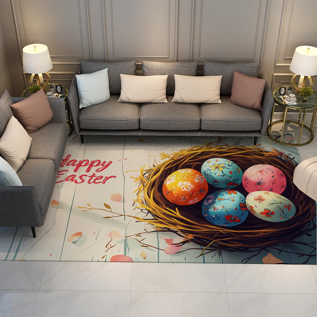Alfombras de Dormitorio con Estampado de Huevos de Huevo de Acuarela Happy Easter Door Vest 120 x 170 cm - Alfombras de Pelo bajo Antideslizante Lavables a máquina para Entrada al Pasillo