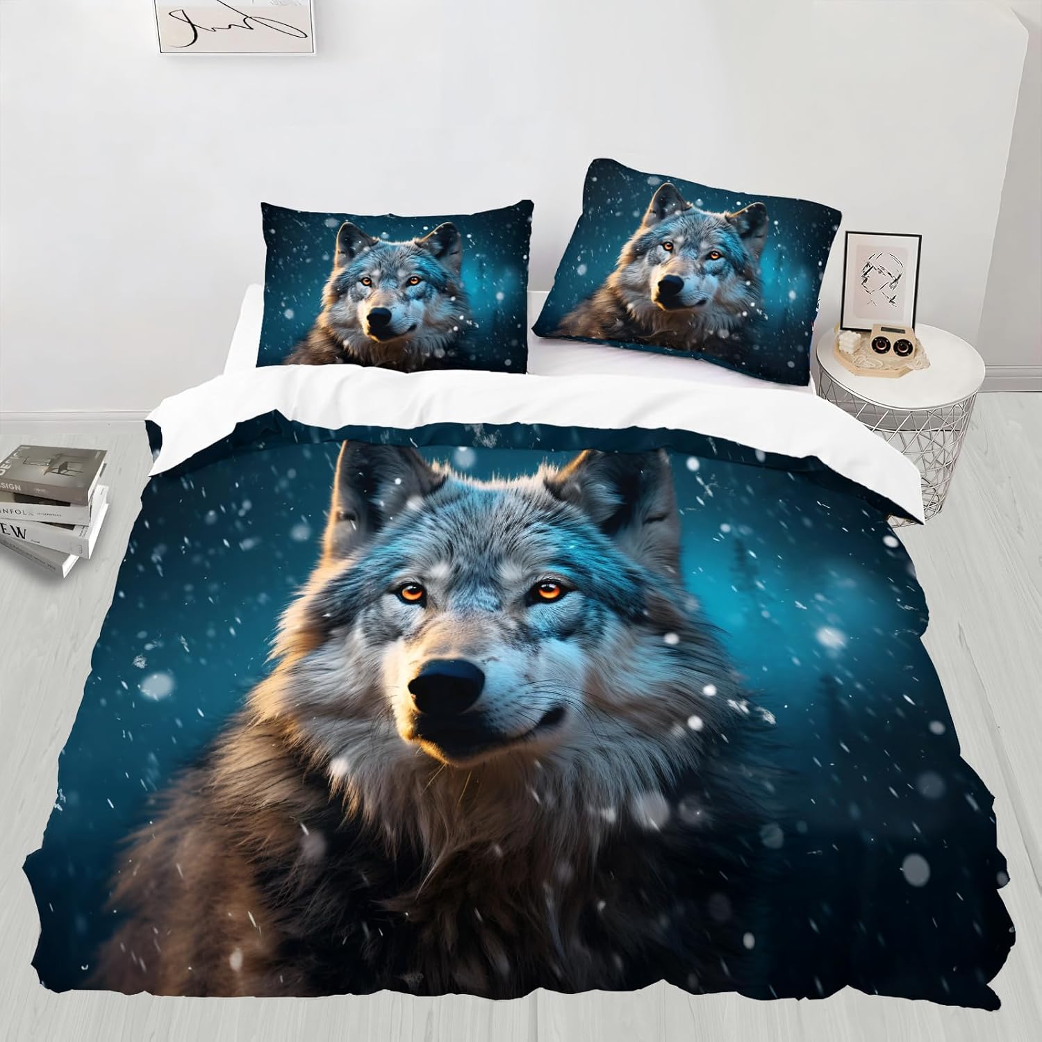 Wolf California King Comforter Cover, Cute woles Bedding Set with 2 Pillow Shams, Wolves Howling Bedspread Cover, Animal Wolves Duvet Cover Set for All Seasons