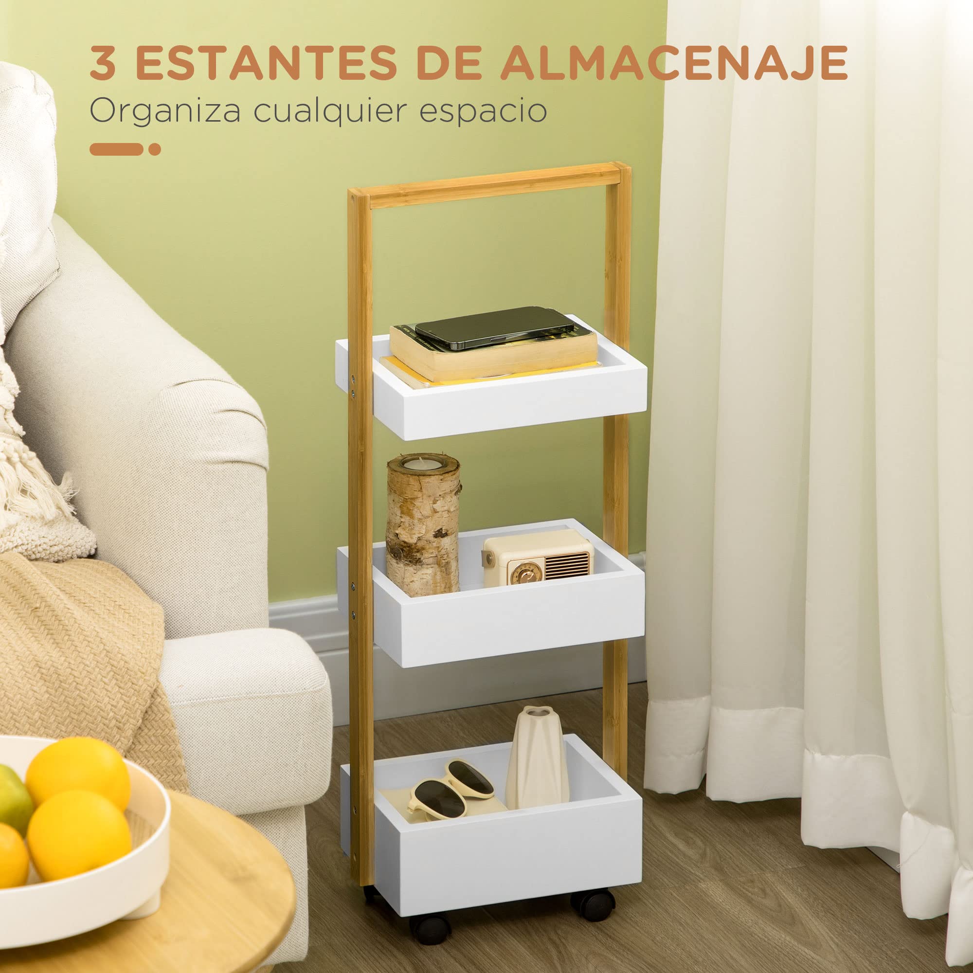 HOMCOM Carrito de Almacenamiento Delgado 28x18x75 cm Blanco y Natural | de Bambú, Carro Auxiliar, con Ruedas, Carrito de Cocina, con 3 Cestas y Asa, para Salón Baño