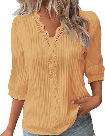 Blouse for Women 3/4 Length Sleeve Womens Tops Eyelet Tops for Women Summer Trendy 2025 V Neck Lace Shirts Dressy Casual Blouses Fall Fashion Clothing Yellow Blusas De Verano para Mujer 2025 XL