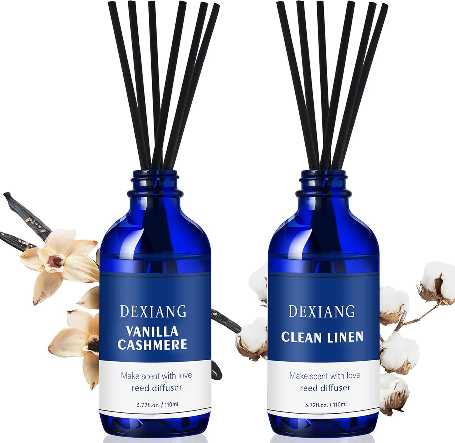 Reed Diffuser Set of 2 - Vanilla Cashmere & Clean Linen, 3.72 Oz (110 ml) Scent Diffuser with 12 Sticks | Stylish Blue Bottles | Long-Lasting Fragrance | Home Decor & Gifts