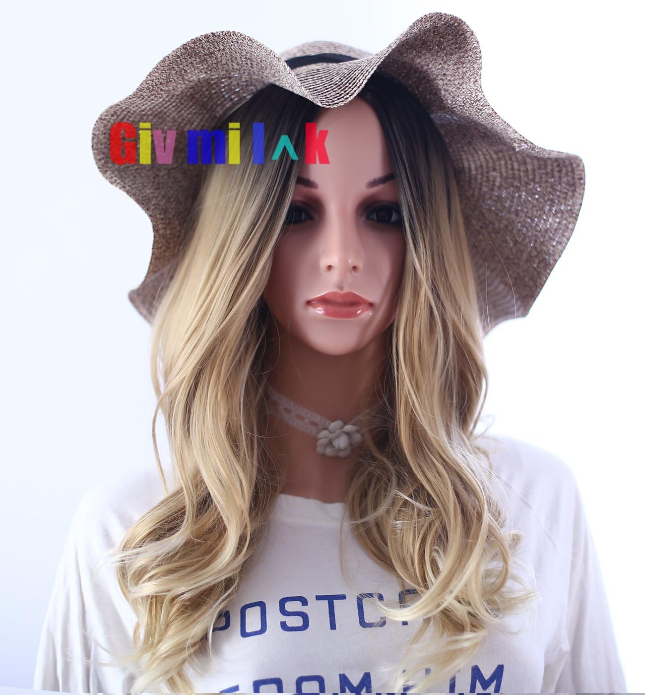 Givmiluck 3 Tone Synthetic Blonde Ombre Wigs for Black Women Ombre Honey Blonde Hair Wig with Black Roots Best Affordable Synthetic Wavy Wig with Free Stochastic Choker