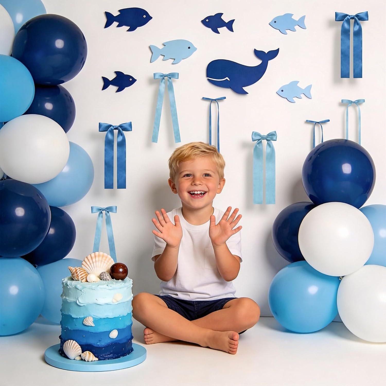 Blue Bow Birthday Decorations, 40 Pcs Blue Satin Ribbon Bows Garland, DIY Wall Decor, Photo Backdrop for Baby Shower, Bachelorette, Wedding, Bridal Shower, Bedroom Party Decorations