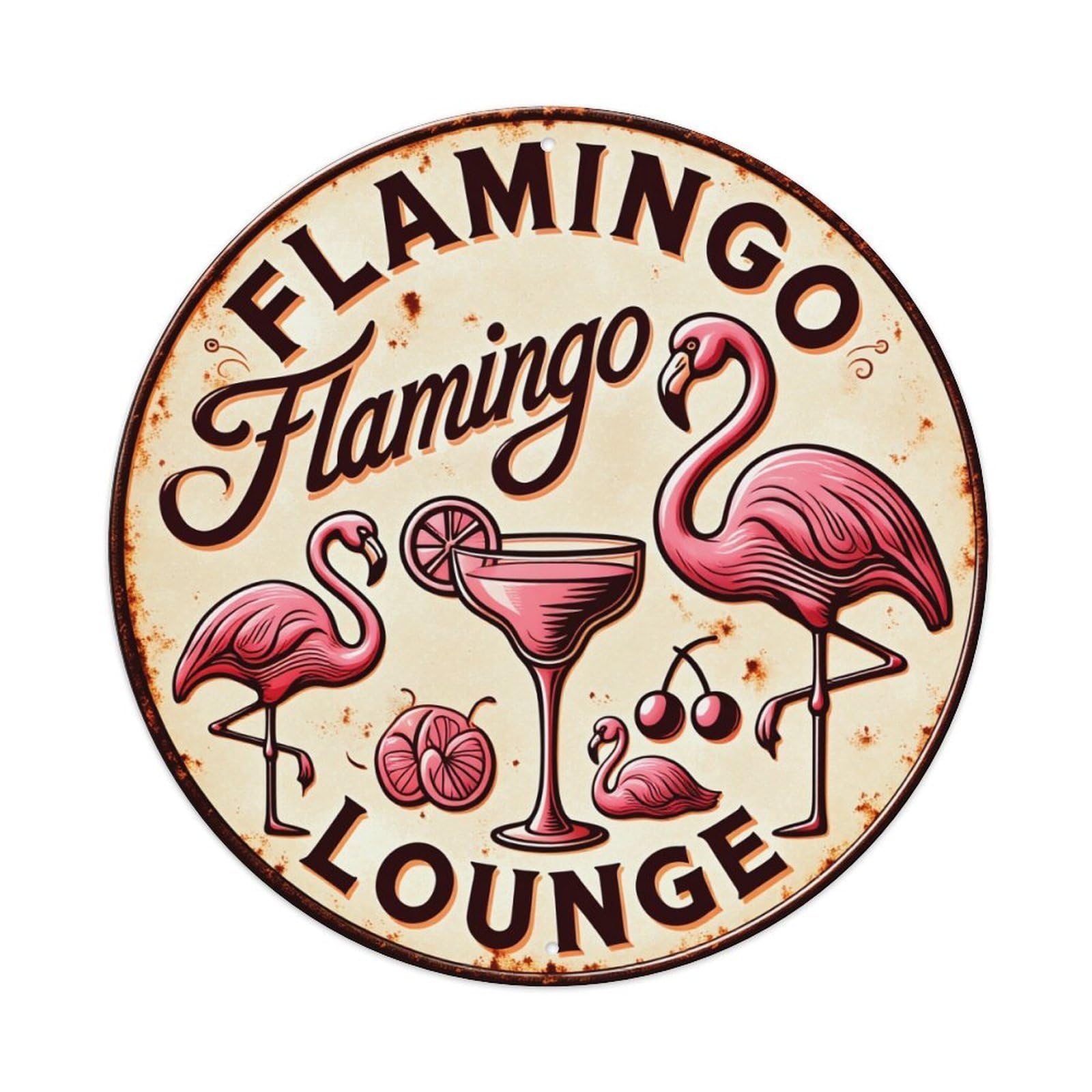 Flamingo Cocktail Cherry Lemon Martini Round Tin Sign Vintage Metal Poster, Home Bar Garage Man Cave Cafe Indoor & Outdoor Wall Decoration 8x8Inches