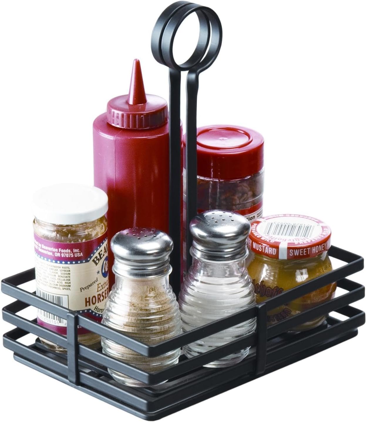 American Metalcraft FWC68 Flat Coil Wrought Iron Condiment Rack – Black - Commercial Tabletop Organizer – 8” L x 5-7/8” W x 9-1/4” H - With Center Handle