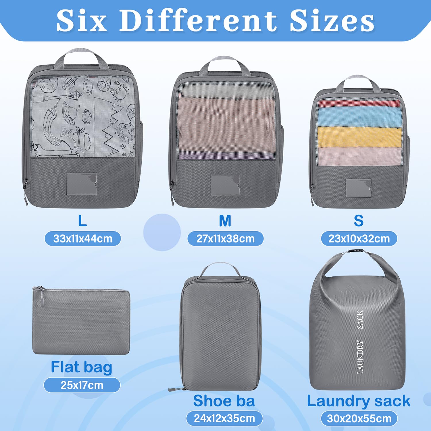 NUBILY Organizer Valigia Poliestere Organizer Viaggio Salvaspazio Organizer per Valigie Organizer Valigia Compressione Packing Cubes Set di 6 Cubi da Viaggio Organizer Valigie Viaggio Grigio
