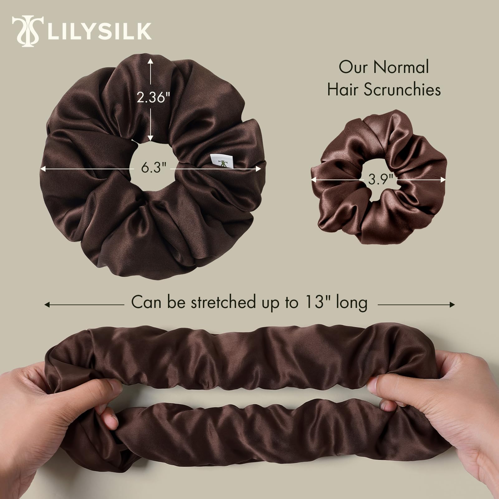 LILYSILK Women's 100% Mulberry Silk Big Hair Scrunchies Ladies Pure Silk Filled Giant XL Ponytail Holder Oversized Elastic Hair Tie Band Large Jumbo Hair Bobble for Breakage Prevention(Chocolate) - Image 2