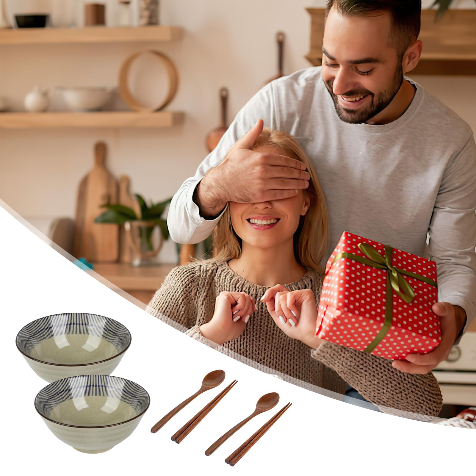 Set di 2 ciotole in ceramica per ramen, ciotole giapponesi con bacchette e cucchiai, per zuppe, pasta, frutta, insalata, riso, cibo, 1100 ml, adatte al microonde, regali di inaugurazione della casa