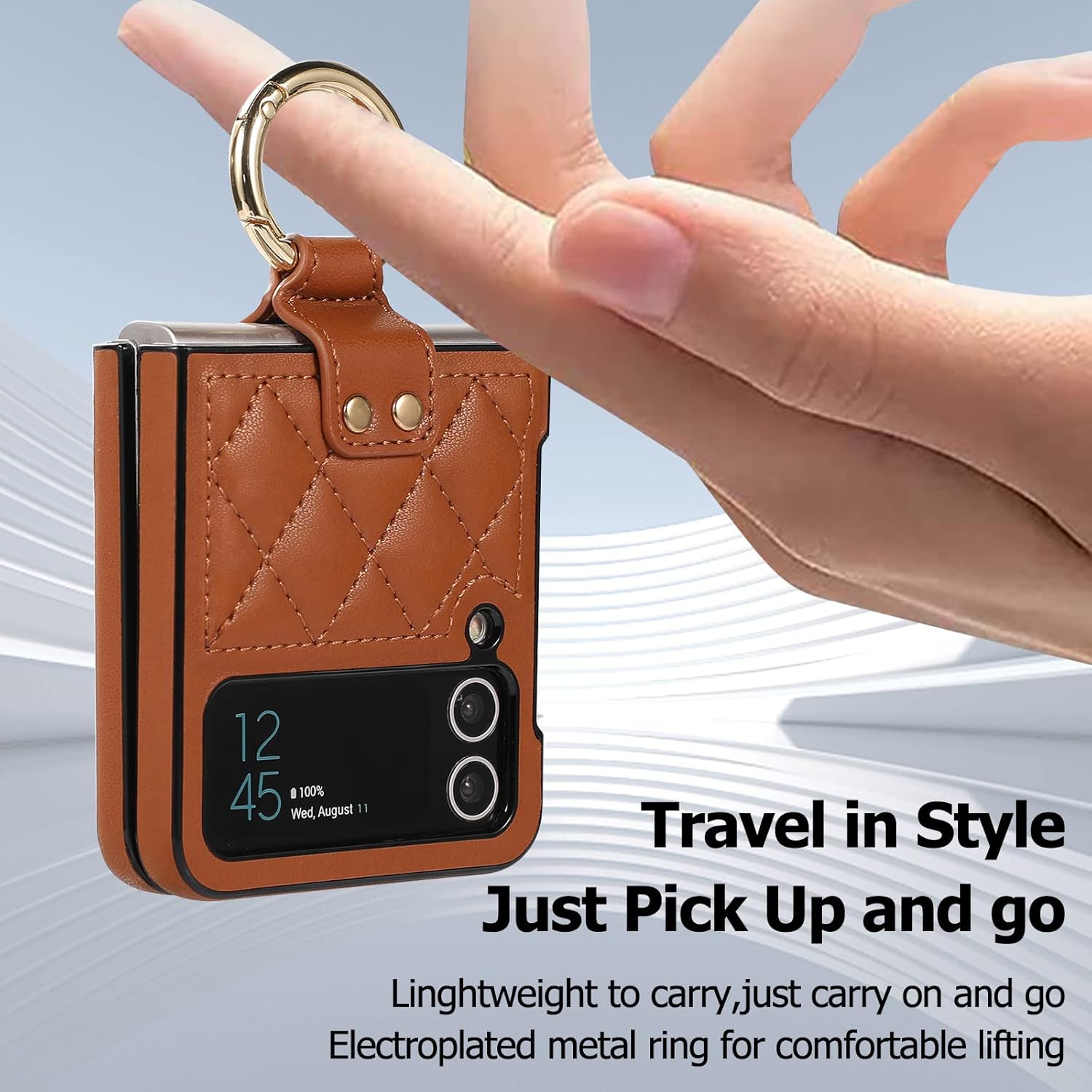 for Samsung Galaxy Z Flip 4 with Delicate Open Buckle Ring and Diamond Pattern Brown Soft luxuriouslook Leather,Shockproof Corner Decent Protection