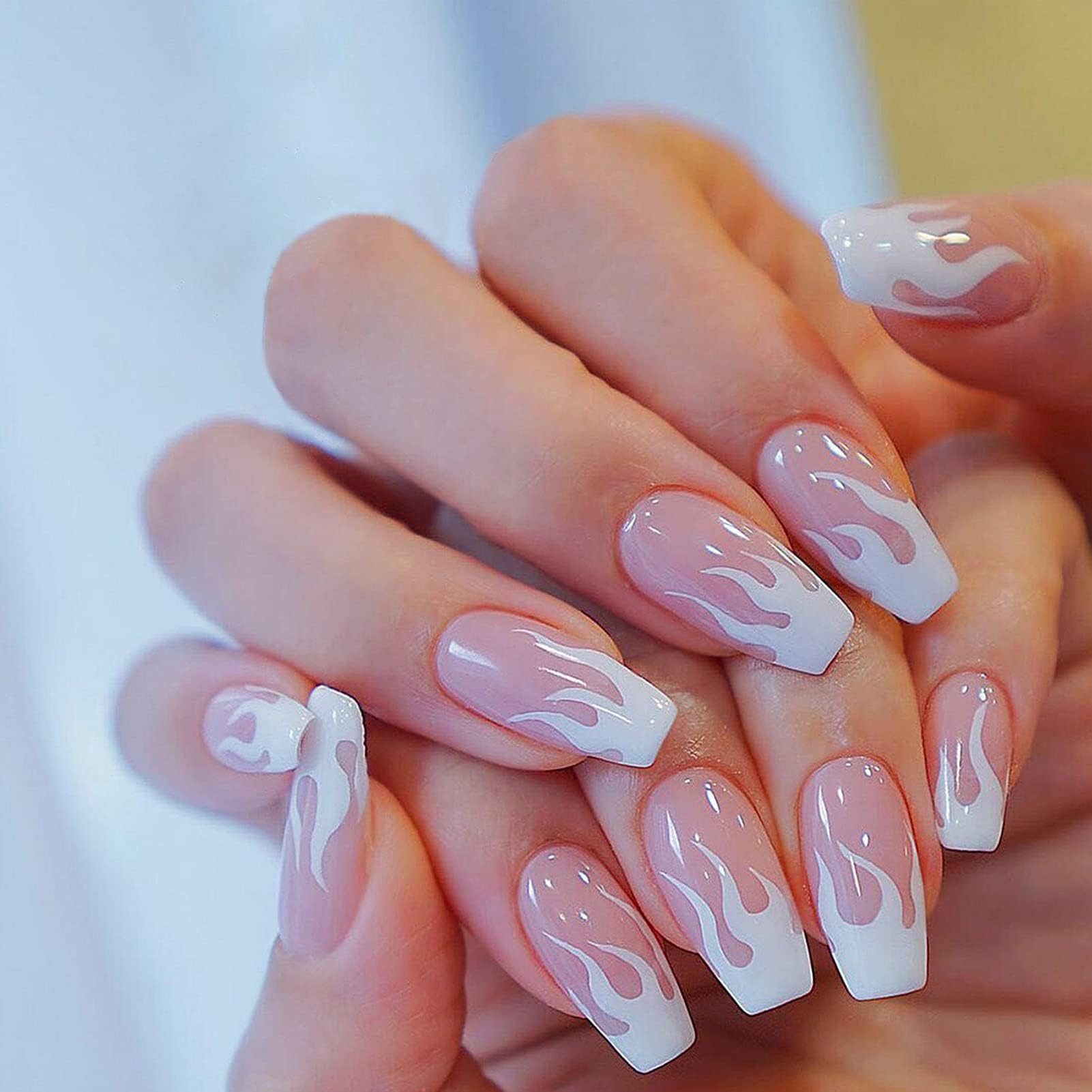 Press On Fake Nails, 24 Ct Medium Length Ballerina Nail Tips, Flame Patterns, Adhesive Tabs & Nail File Included
