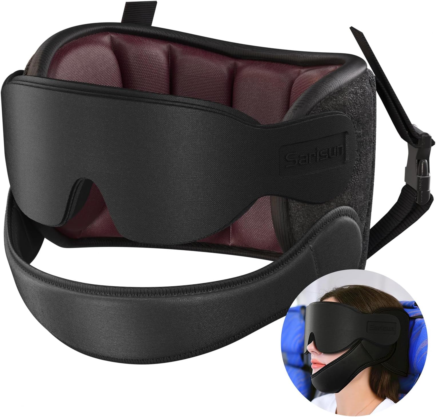 SARISUN Airplane Pillow Combo with Chin Strap, Travel Pillows for Airplanes with Sleep Eye Mask, Plane Head Strap for Long Flights, Car Road Trip, 360° Headrest, Stop Bobblehead Travel Essential, Red