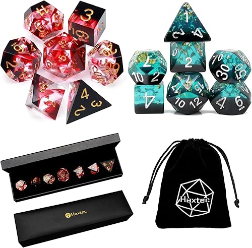 Haxtec Paquete de dados de borde afilado de sangre con estuche de dados y juego de dados de papel de aluminio azul y negro dorado