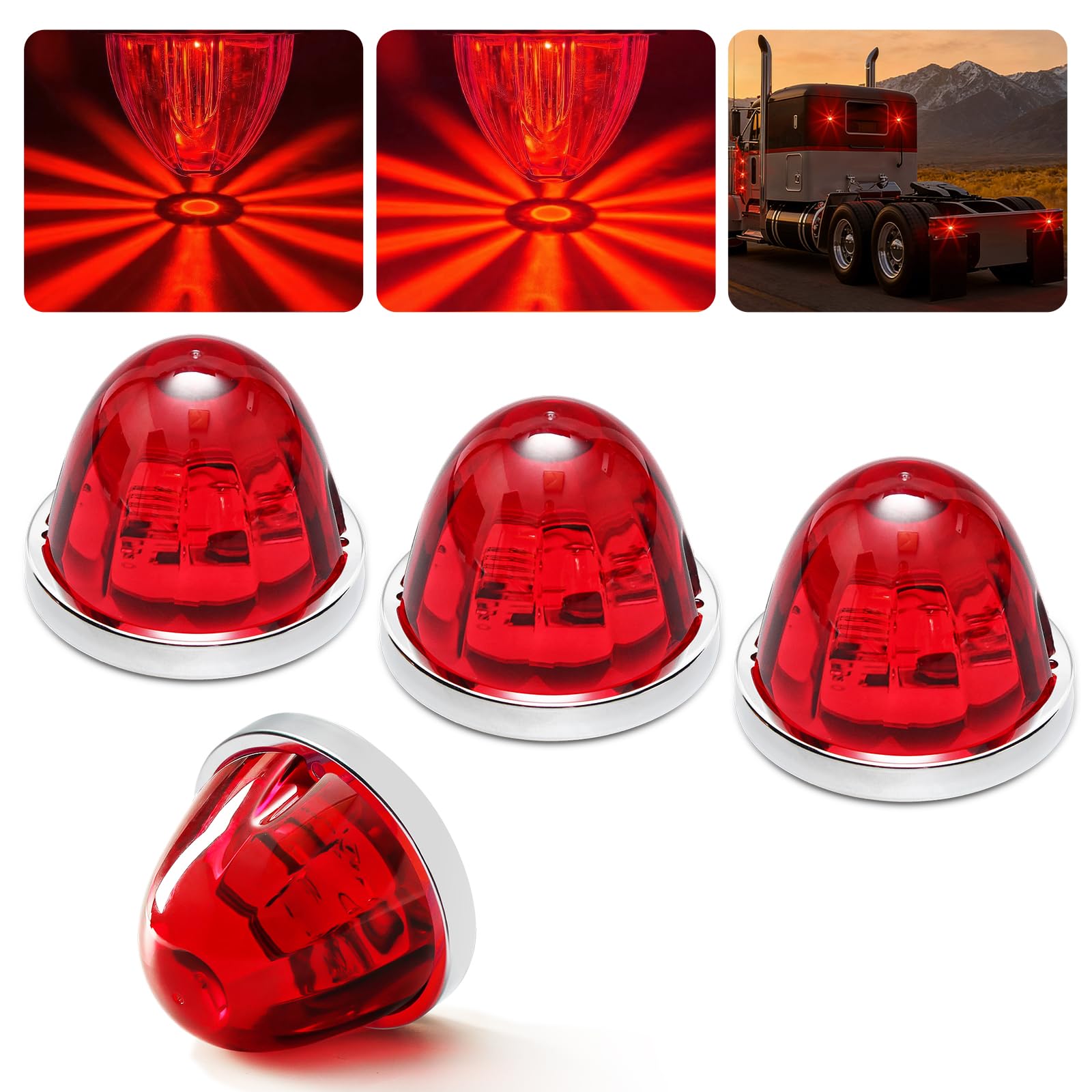 4PCS Watermelon Lights, Red Strobe &amp; Constant Multi-Function LED Side Marker, Turn Signal, Tail &amp; Roof Lights with Stainless Steel Bezel for Freightliner, Kenworth, Peterbilt Semi Trucks &amp; Trailers