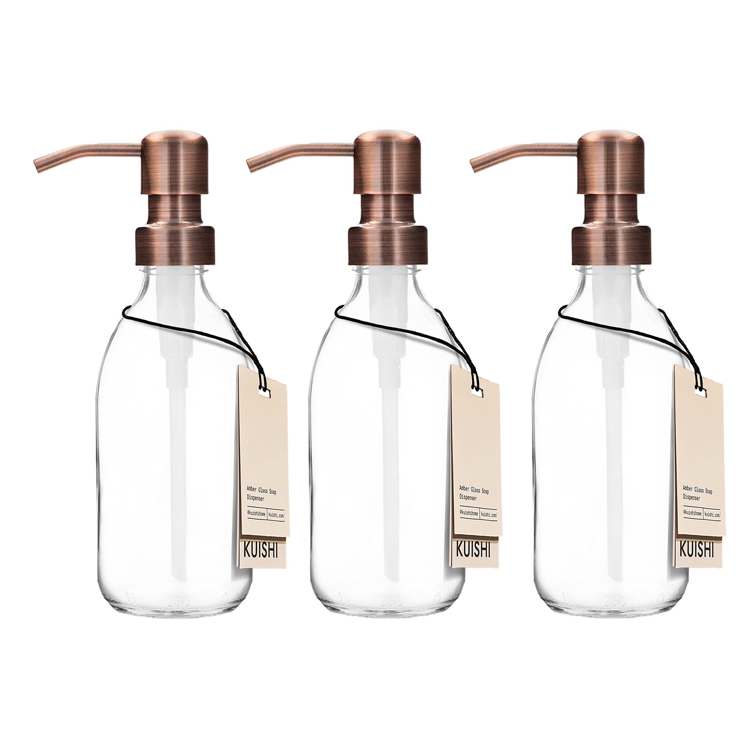 Kuishi Three Clear Glass Pump Flacone da 250 ml con pompa in bronzo in acciaio inossidabile, dispenser di sapone ricaricabile ecologico, elegante decorazione per il bagno