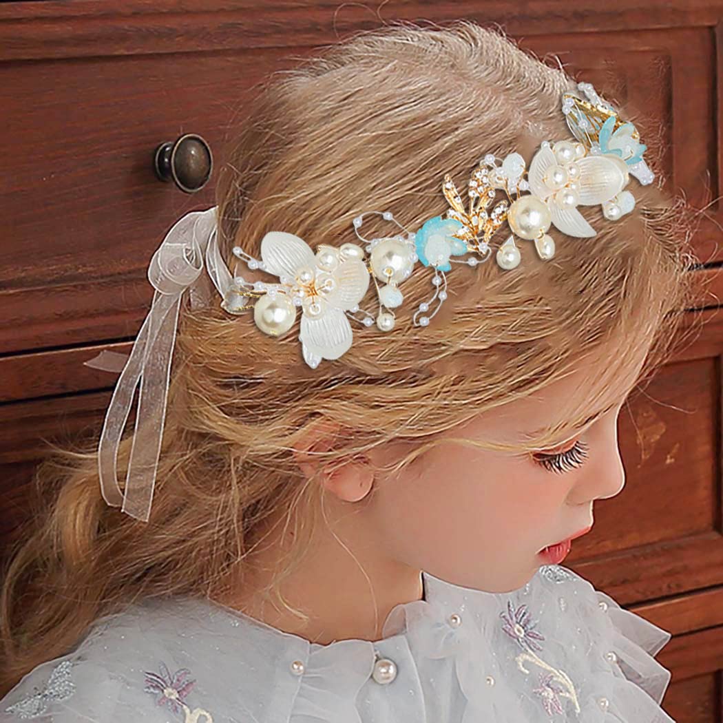 Campsis Princess Flower Crystal Headpiece Rhinestone Pearl Headband Alloy Floral Bridal Hair Accessories Communion Wedding Prom Photography for Girls and Women (Blue)