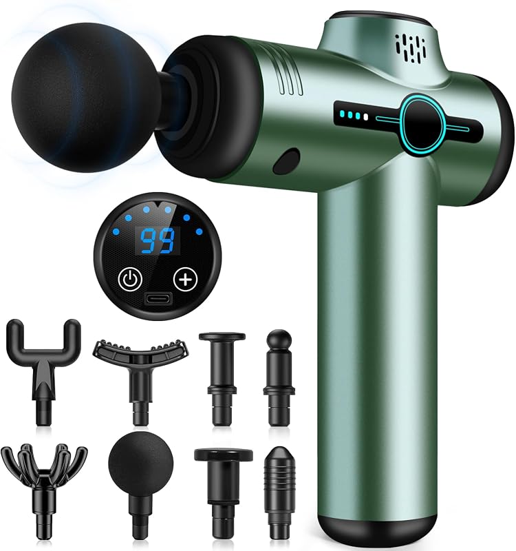 AQXONG Mini pistola per Massaggio Muscolare, 99 Velocità, Pistola da Massaggio Ultra Silenziosa 35DB, 8 Testine Massaggianti, Display LCD, Massaggiatore Portatile per Alleviare i Dolori Muscolari
