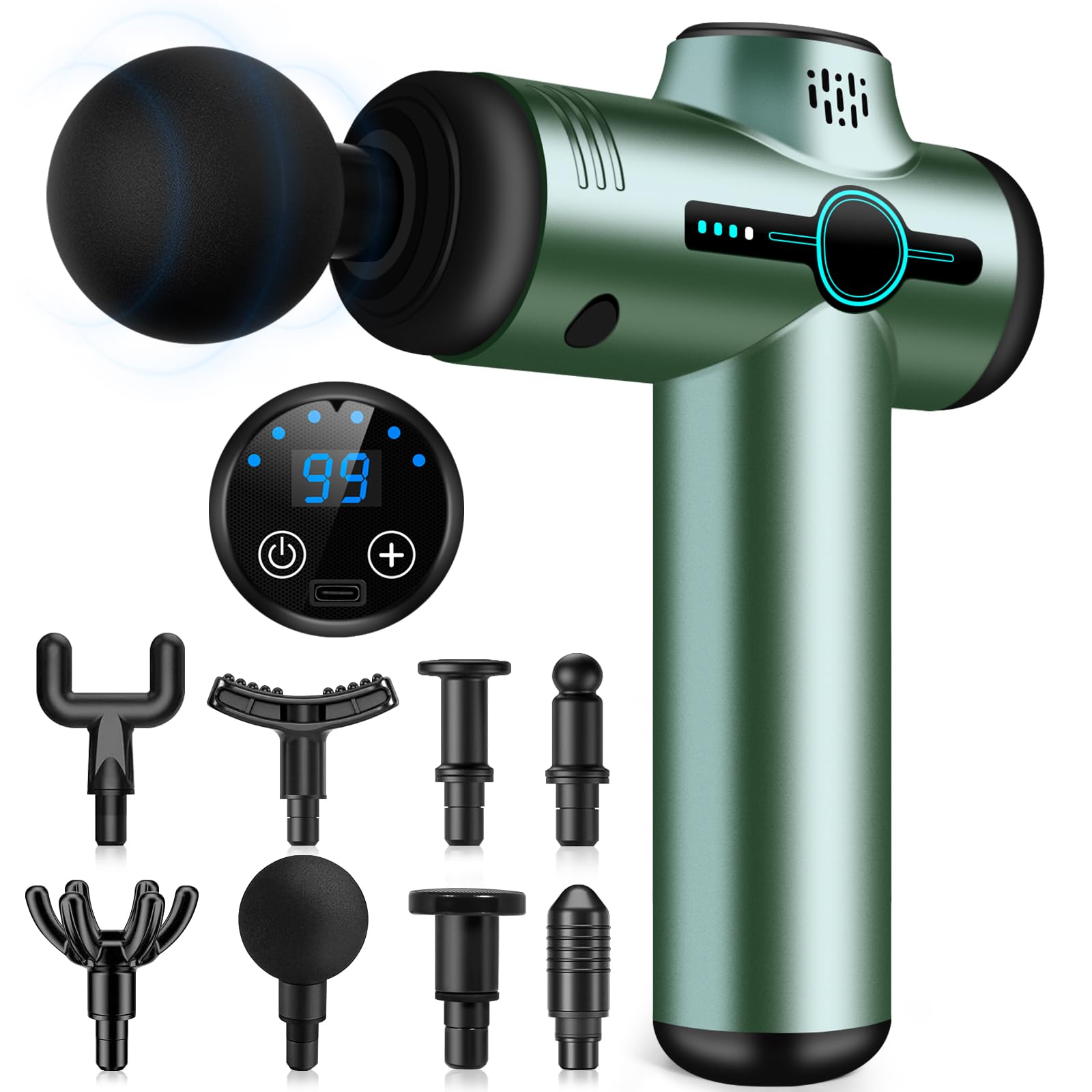 AQXONG Mini Muskelmassagepistole, Tragbares Elektrisches Massagegerät mit LCD Display, 99 Geschwindigkeiten, 8 Massageköpfe, Ultraleise Massagepistole 35DB, Wiederaufladbare Massagepistole