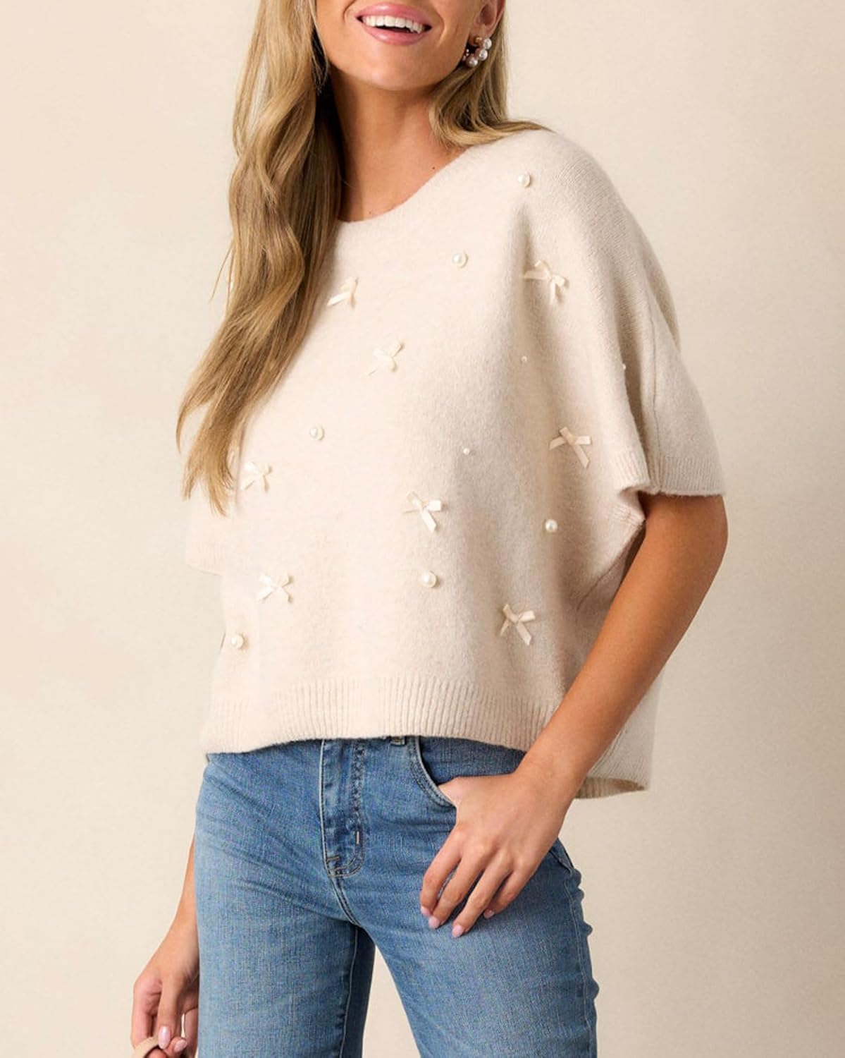 Kedera Womens Short Sleeve Bow Sweater Crewneck Cropped Pearl Top Bow Embellished Top Loose Pullover Thick Knitwear - Image 5