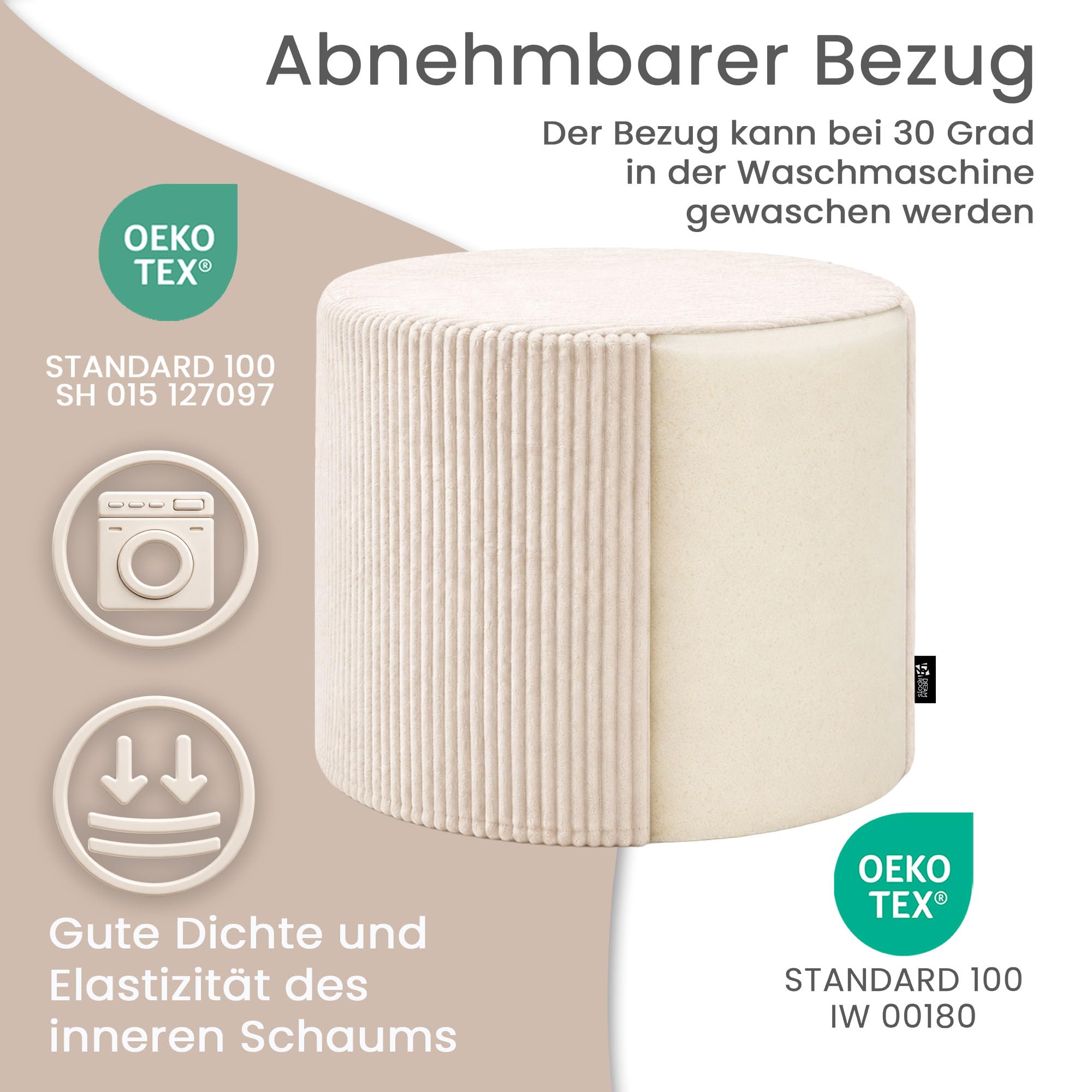 DreamRoots Cord Hocker Pouf, Rund Ø40x40 cm, Cremefarben