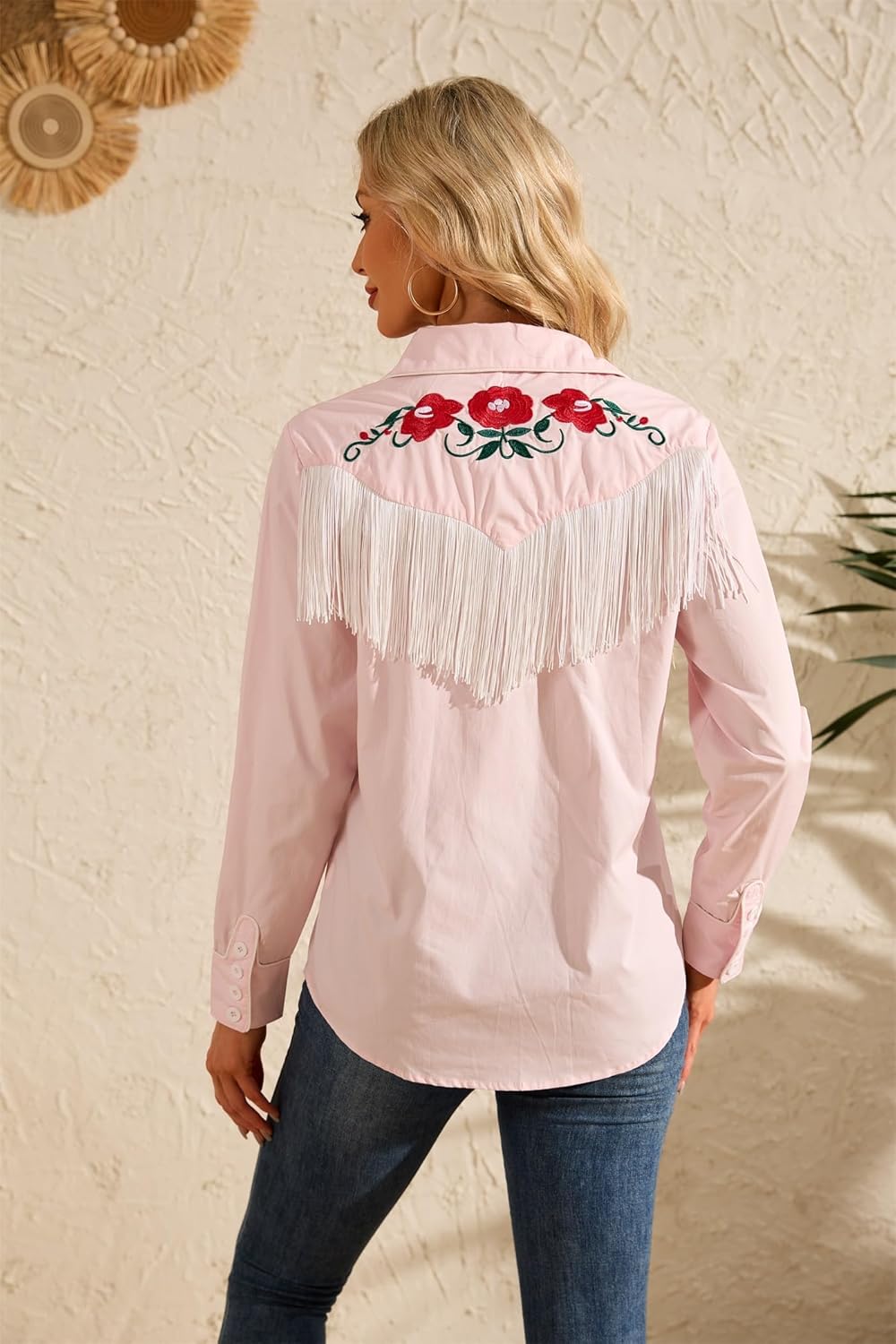 CORSKI Women's Western Cowgirl Fringe Shirt Long Sleeve Floral Embroidered Snap Collared Boho Rodeo Casual Blouses Shirts - Image 5