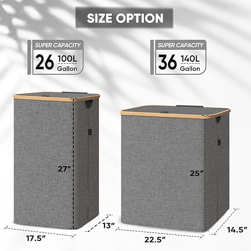 Miniatura 4 de BALEINE Cesta de lavandería con tapa, cestas altas para la ropa sucia con asas de bambú, contenedor grande para la ropa sucia con soporte interno
