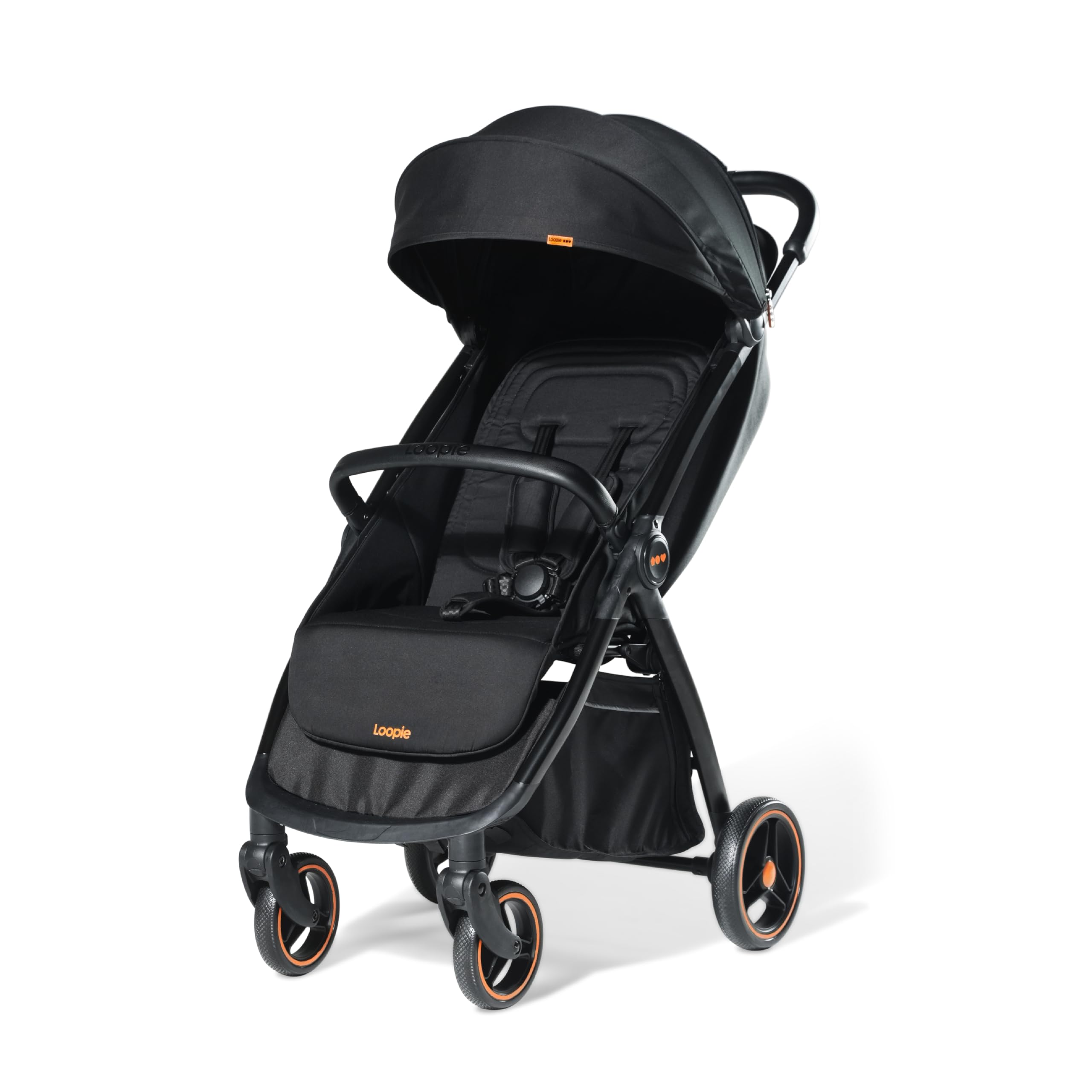 Loopie Hop 1 Hand Fold Travel Friendly Compact CABIN Stroller for 0-4 Years | 3 position RECLINE Seat with SLEEPING position | SUN Protection UPF 50+ Canopy | 5 Point Safety HARNESS | 360° Wheels | 5 KG storage BASKET | WASHABLE Oxford Cotton fabric | MOSQUITO NET | Self-standing | 1 year WARRANTY | Black