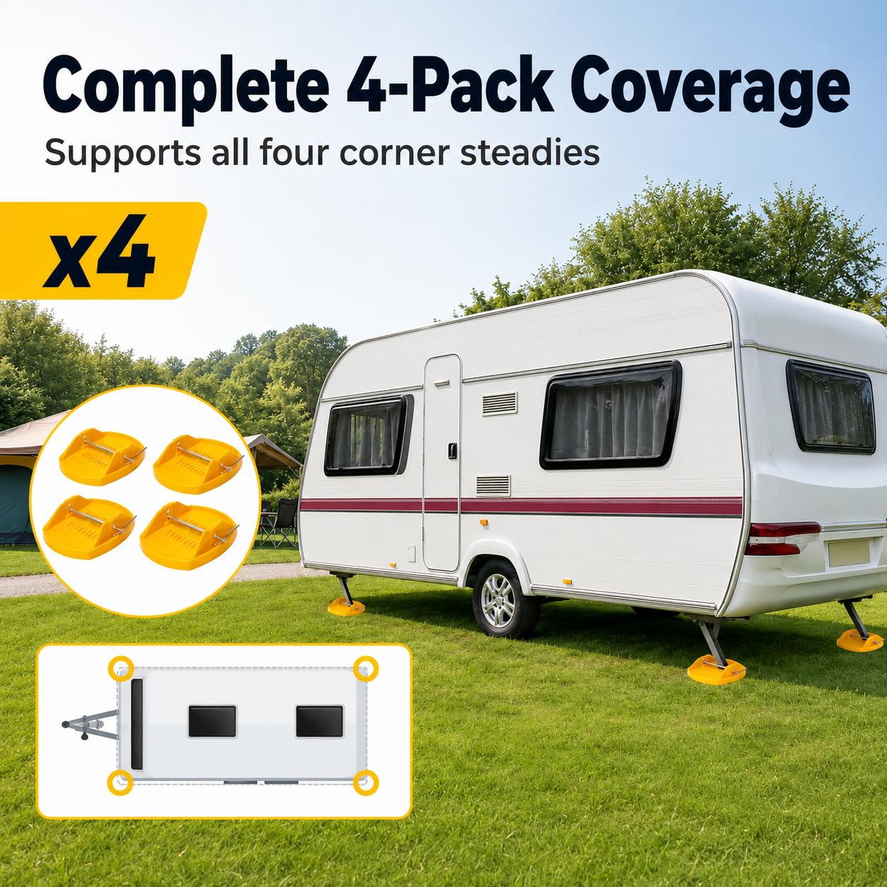 Lot de 4 patins de cric de caravane robustes pour éviter de s'enfoncer dans un sol mou, coussinets de stabilisation robustes et stables pour pieds de caravane avec broches