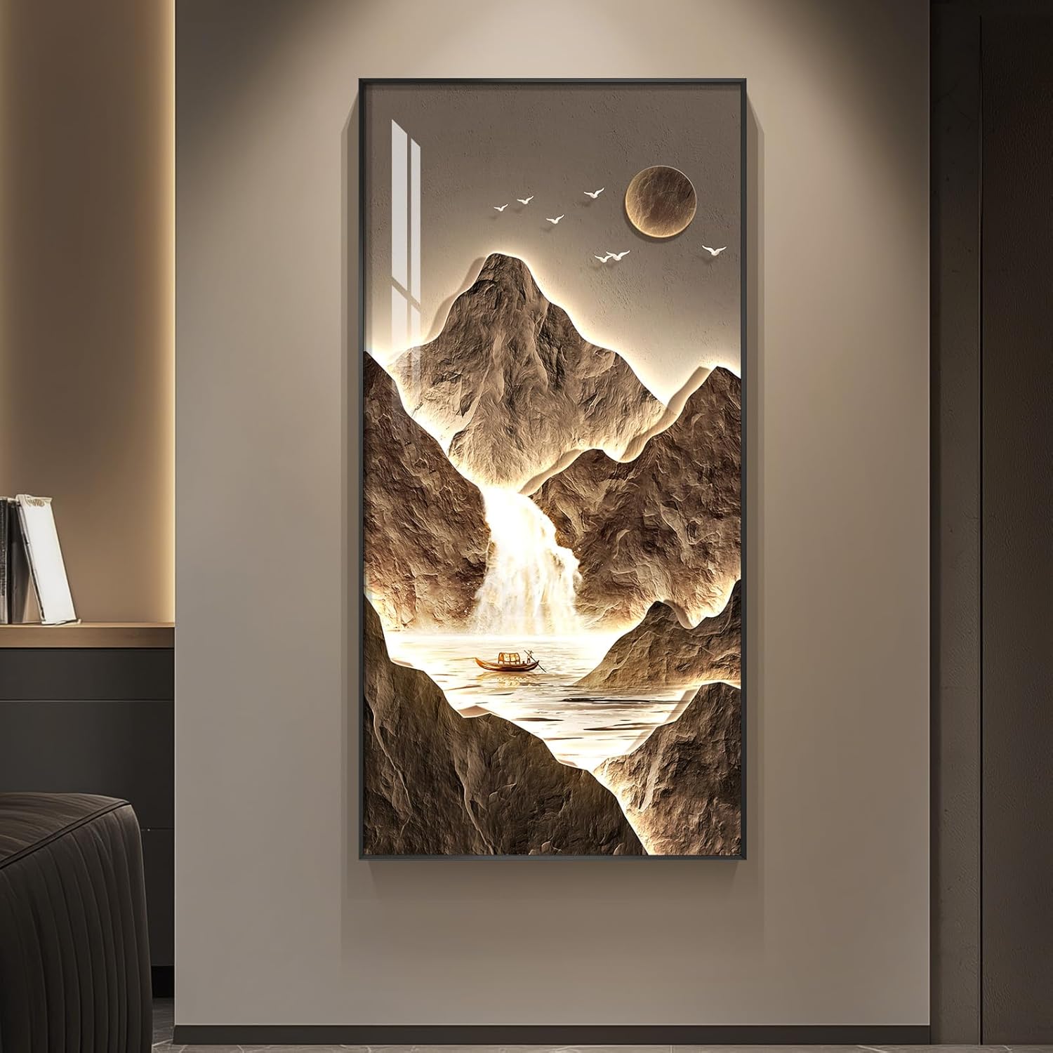 MXART Framed Large Modern Mountain Wall Art 30x60in Vertical Gold Landscape Print for Living Room, Hallway, Office Decor