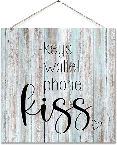 Letrero rústico de madera para colgar con llaves, cartera, teléfono y beso, placa colgante de madera decorativa con dicho vintage, decoración de