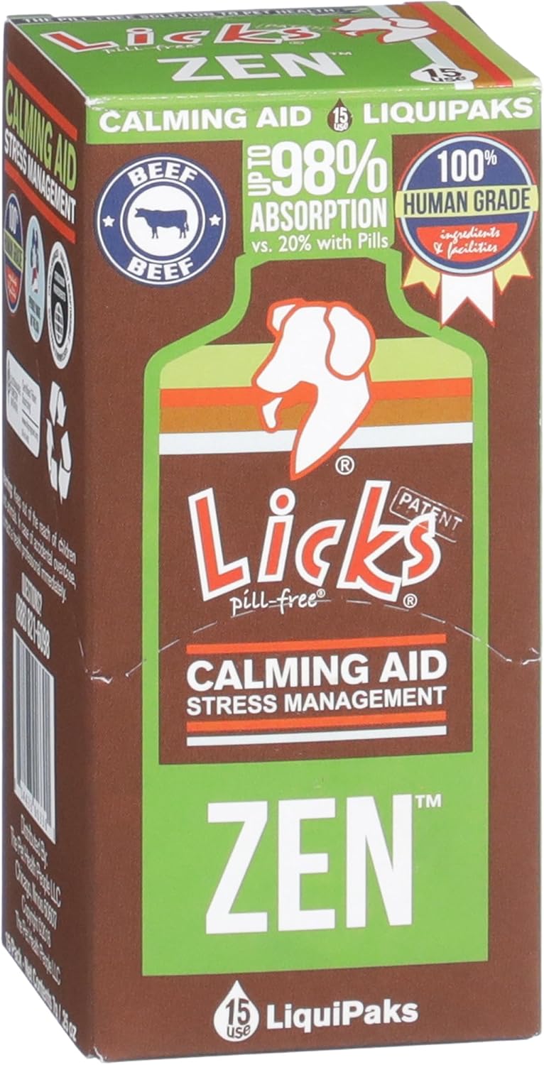 Licks Pill Free Zen Dog Calming - Calming Aid Supplements for Aggressive Behavior & Nervousness - Treats for Stress Relief & Dog Health - Gel Packets - Braised Beef Flavor, 15 Use
