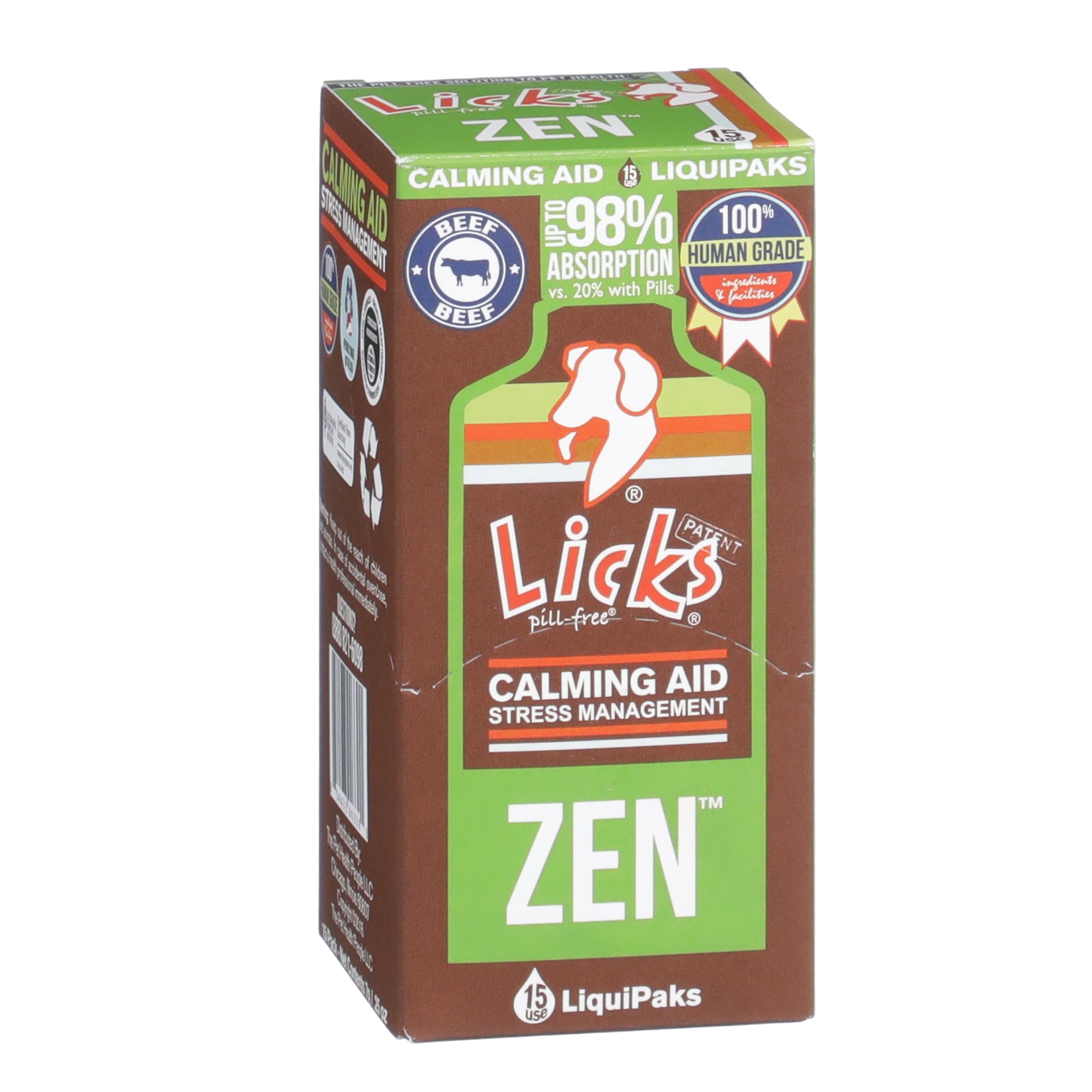 Licks Pill Free Zen Dog Calming - Calming Aid Supplements for Aggressive Behavior & Nervousness - Treats for Stress Relief & Dog Health - Gel Packets - Braised Beef Flavor, 15 Use