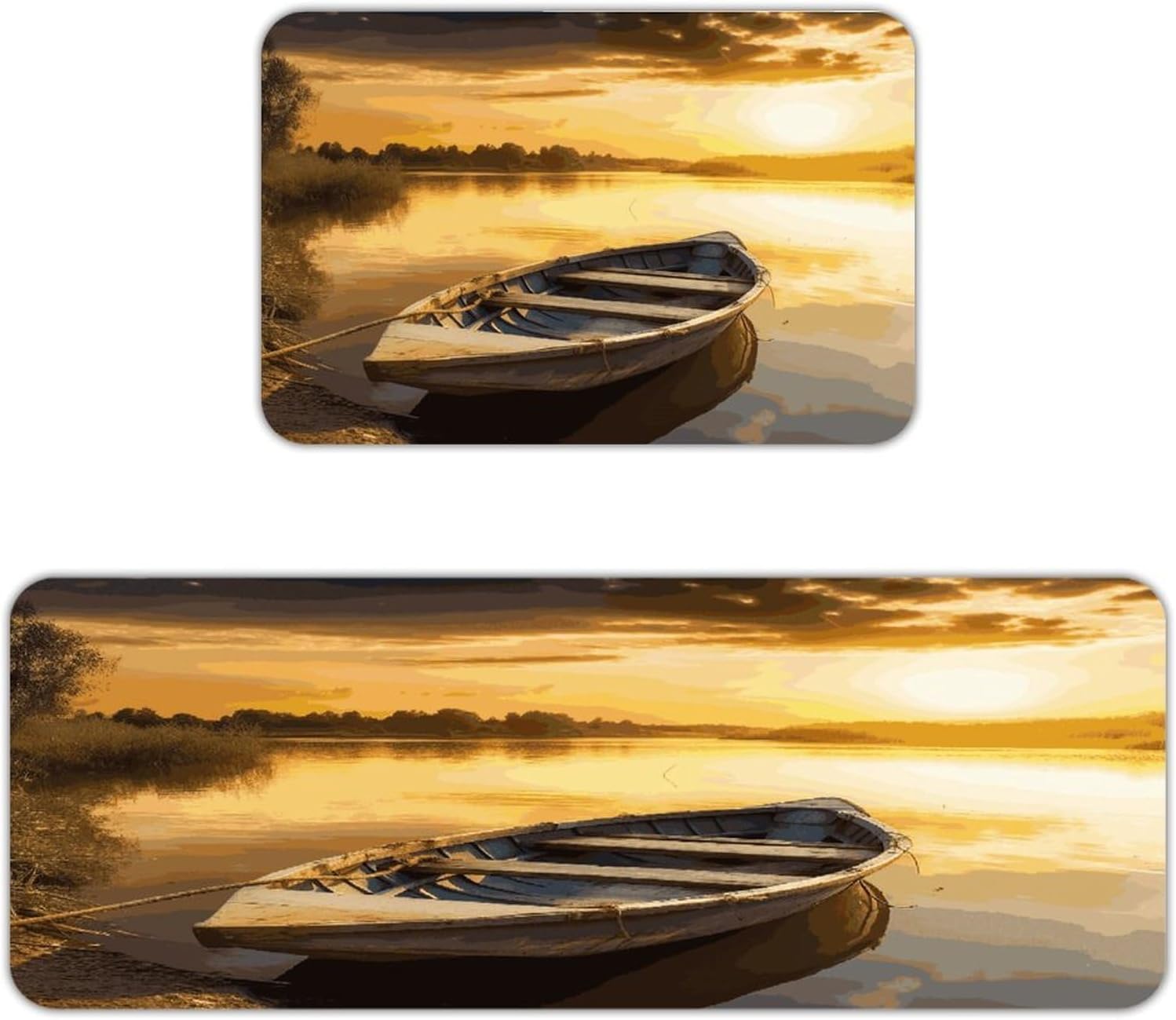 River Sunset Wooden Boat Kitchen Mats for Floor 2PCS Waterproof Non-Slip Kitchen Rugs Cushioned Anti-Fatigue Mat Heavy Duty Floor Mats Comfort Standing Mat for Kitchen Home Office Laundry