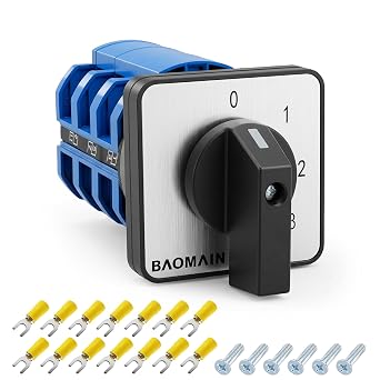Baomain Rotary Changeover Switch,63A 4-Position,12-Terminal Cam Selector with 0-1-2-3 Circuit Selection,UL Certified for 3-Position Mode Switching,Power Selection and Circuit Control
