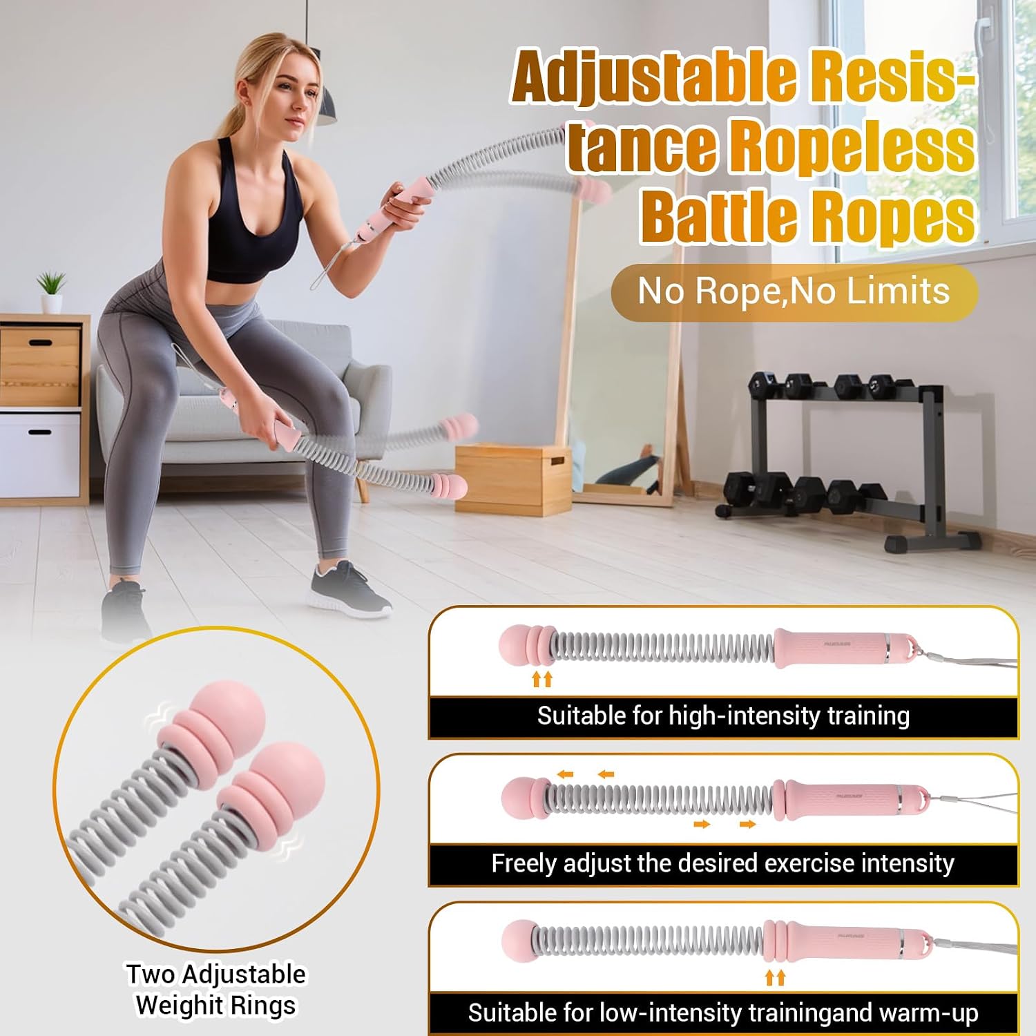 Portable Ropeless Battle Ropes, Adjustable Weights Cordless Battle Ropes for Home Gym with Storage Bag, Weighted Exercise Equipment for Low-Impact Workout, Strength & HIIT, for Men & Women (Pink)