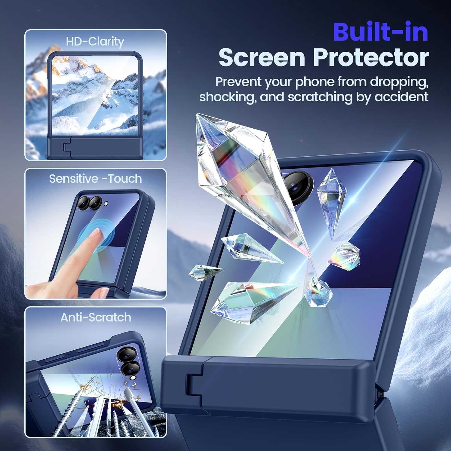 VEGO for Z Flip 7 Case with Screen Protector & Belt Clip [Hinge Protection & Foldable Kickstand] Hard PC Cover Shockproof Anti-Drop & Support Wireless Charing Case for Samsung Galaxy Z Flip 7-Blue