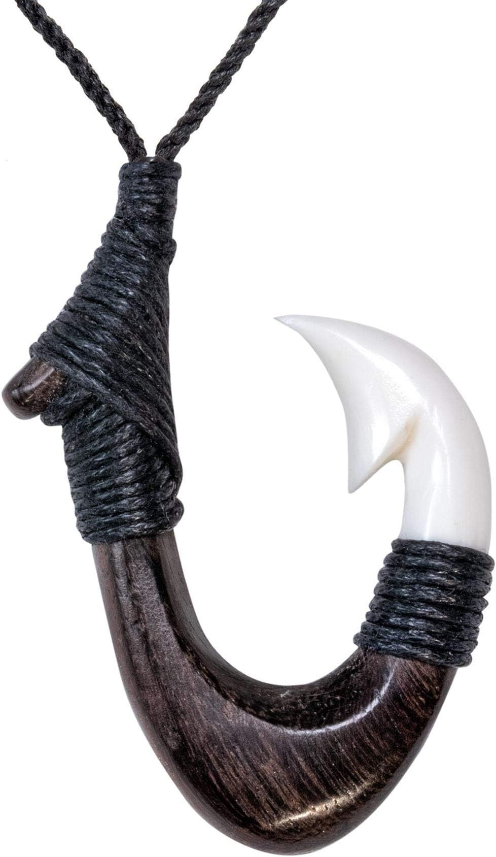81stgenerationHand Carved Bone and Wood Hei Matau Pendant Necklace - Fish Hook Bone Necklace - Maori Style Handmade Necklaces for Women - Surfer Necklace Men - Wooden Pendants