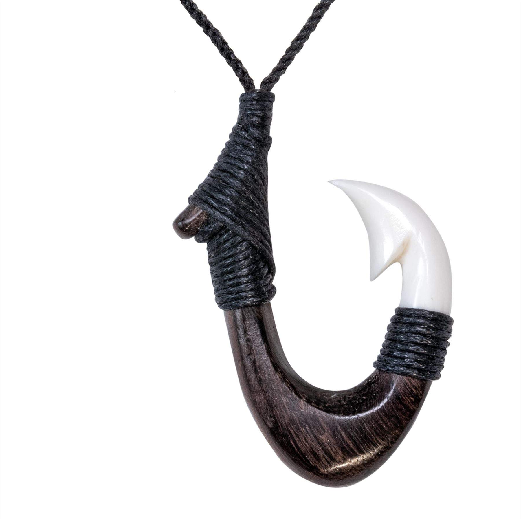 81stgenerationHand Carved Bone and Wood Hei Matau Pendant Necklace - Fish Hook Bone Necklace - Maori Style Handmade Necklaces for Women - Surfer Necklace Men - Wooden Pendants