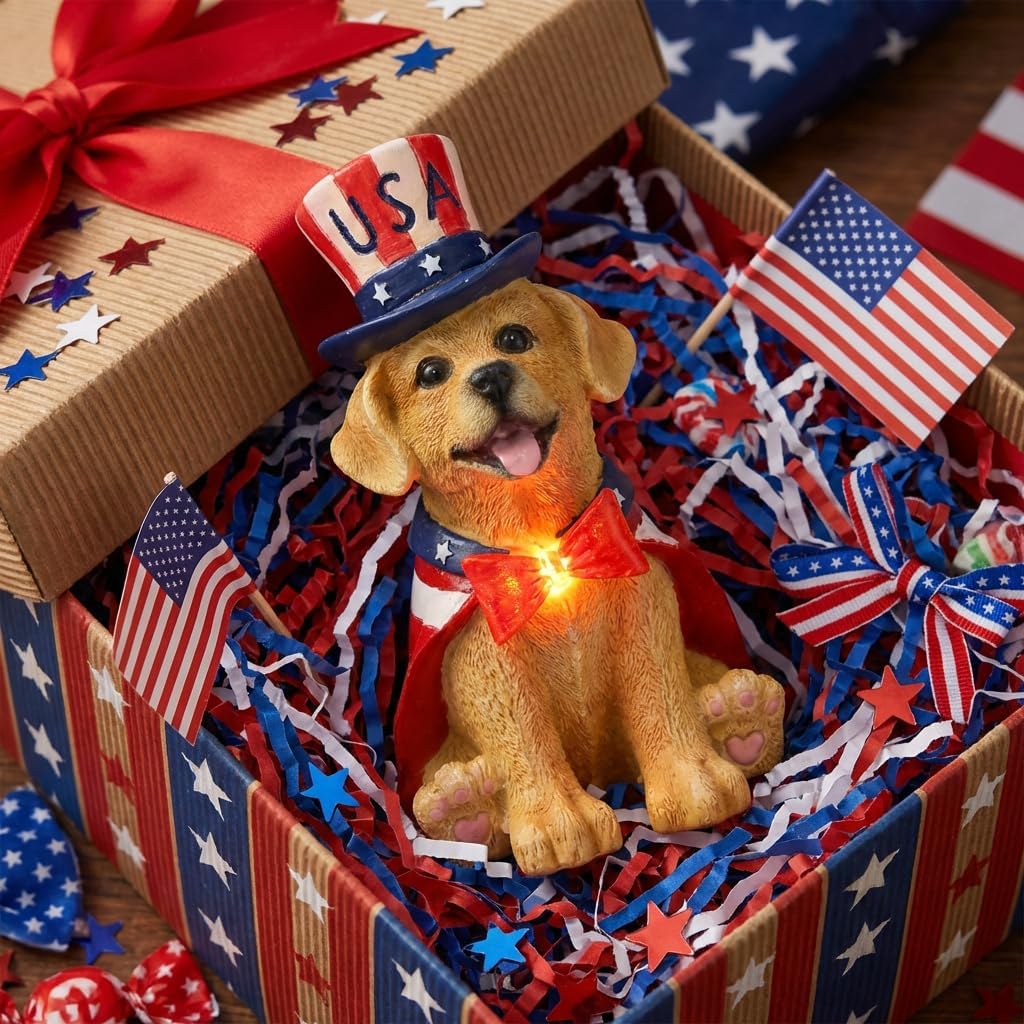 TERESA'S COLLECTIONS 4th of July Puppy Decorations with Solar Light, Memorial Day Resin Garden Dog Figurine for Home, Patriotic Independence Day USA 250th Anniversary Outdoor Yard Porch Gift Decor 8"