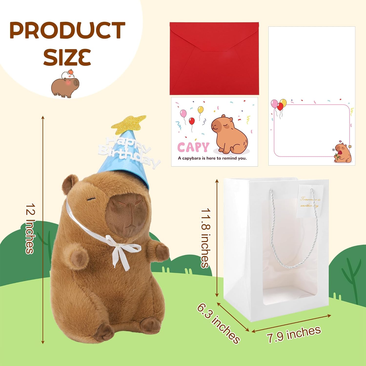 Birthday Capybara Plush with Gift Bag and Card Capybara Stuffed Animal Plush Doll Pillow Birthday Gifts Party Decorations, 12 Inch
