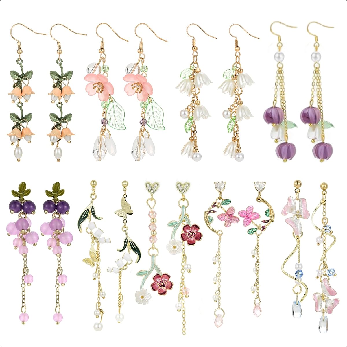 9 Pairs Floral Earrings Set Inspired Long Dangle Flower Leaf Designed Earrings With Pearl Accents And Tassel Details Hypoallergenic Statement Earrings for Women