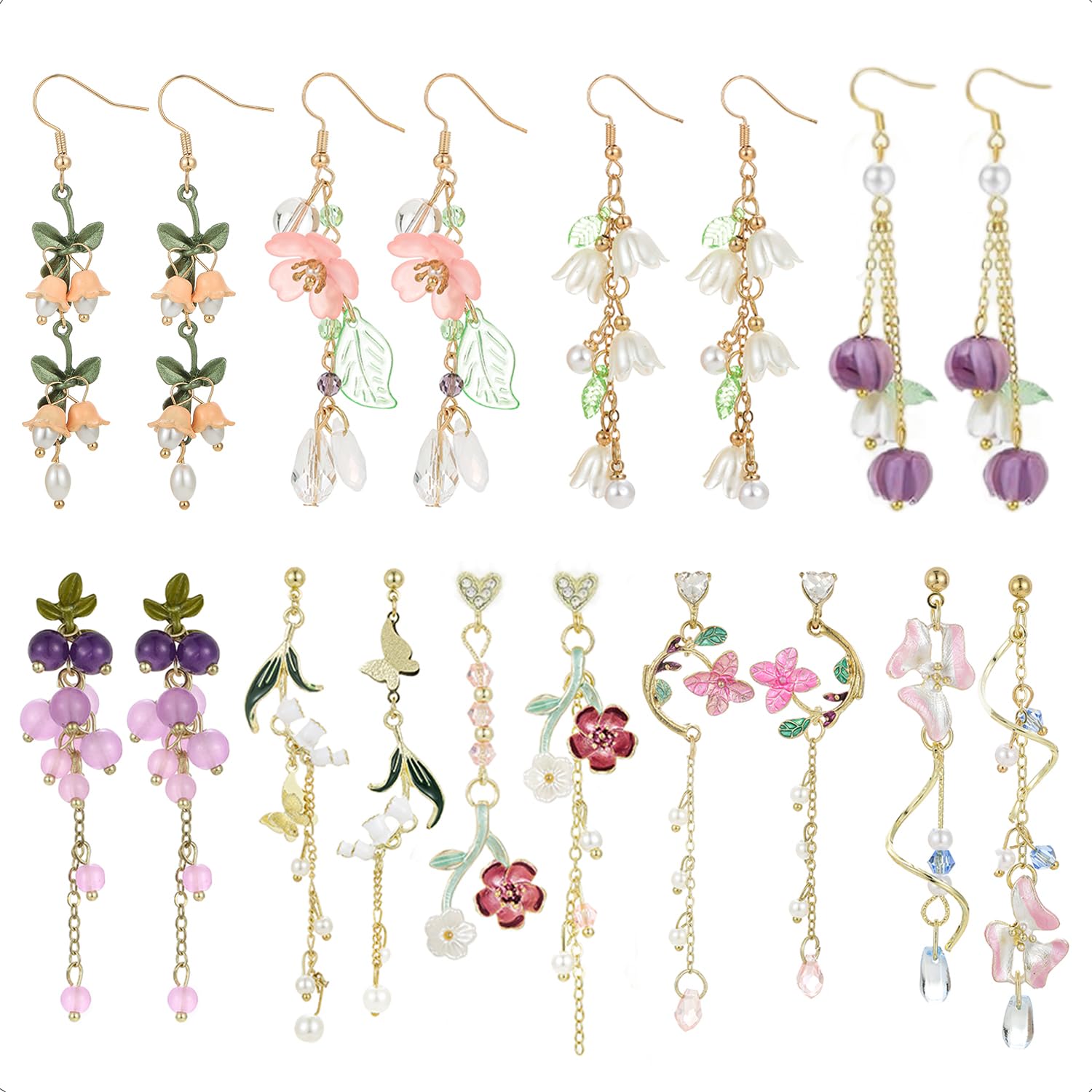 EILINOA 9 Pairs Floral Earrings Set Inspired Long Dangle Flower Leaf Designed Earrings With Pearl Accents And Tassel