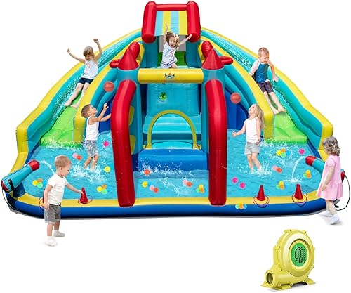 Vista 14 de BOUNTECH Tobogán acuático inflable, estilo dinosaurio, parque de toboganes dobles con casa de rebote, castillo de salto con 2 cañones de agua