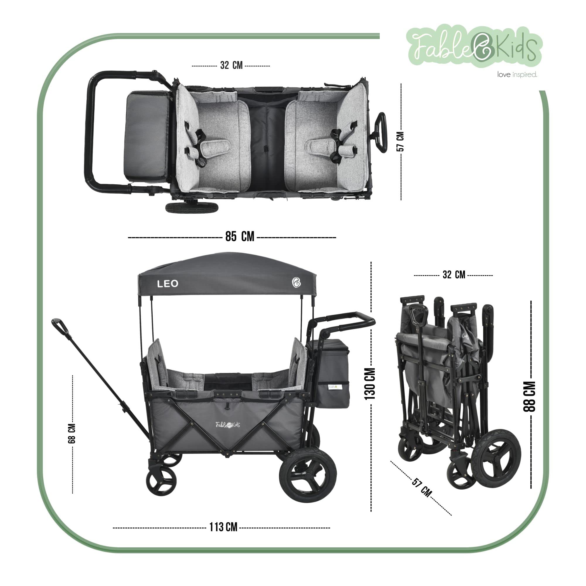 AREBOS FableKids Chariot Leo X2Plus avec Toit | de Transport Pliable supporte jusqu'à 20 kg par siège Harnais 5 Points Roues Tout-Terrain 360° Frein à Pied Toile Oxford 600D Gris fossile FA-HE-SW2LUA
