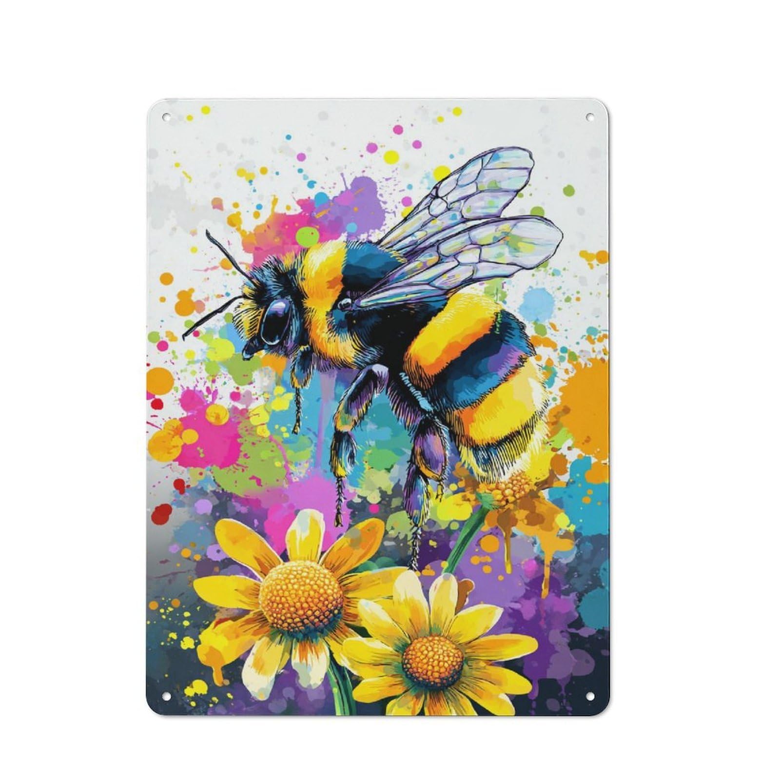 Junmoney Colorful Bee And Flowers Artwork Metal Wall Sign 40X30cm, Modern Retro Loft Wall Plaque For Flat, Bar, Studio Or Gallery Wall