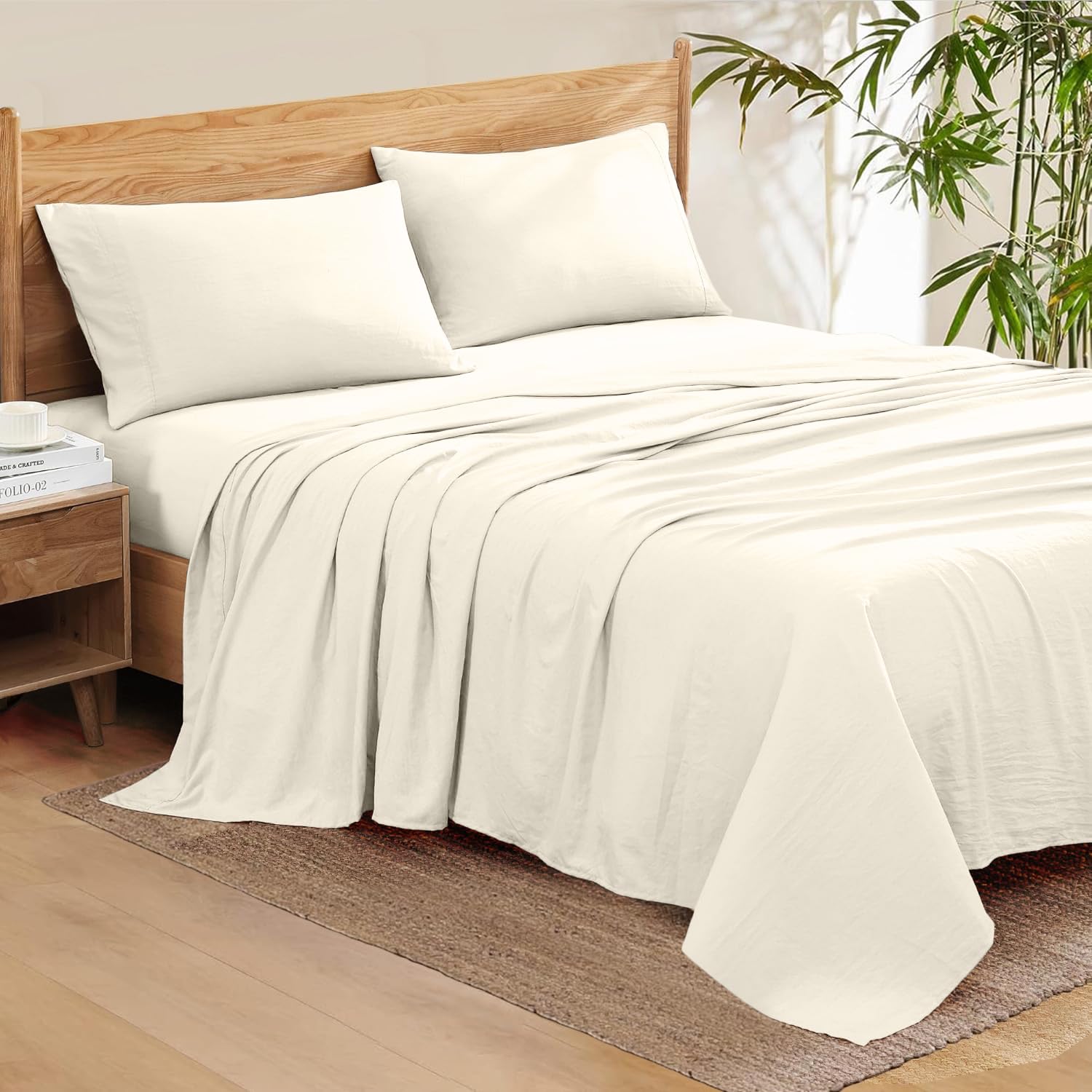ARlinen Queen Size Bettlaken-Set 6-teilig Aus 100% Baumwolle Satin - Kühlende Bettwäsche Mit Spannbettlaken & 4 Kissenbezügen, Elfenbein
