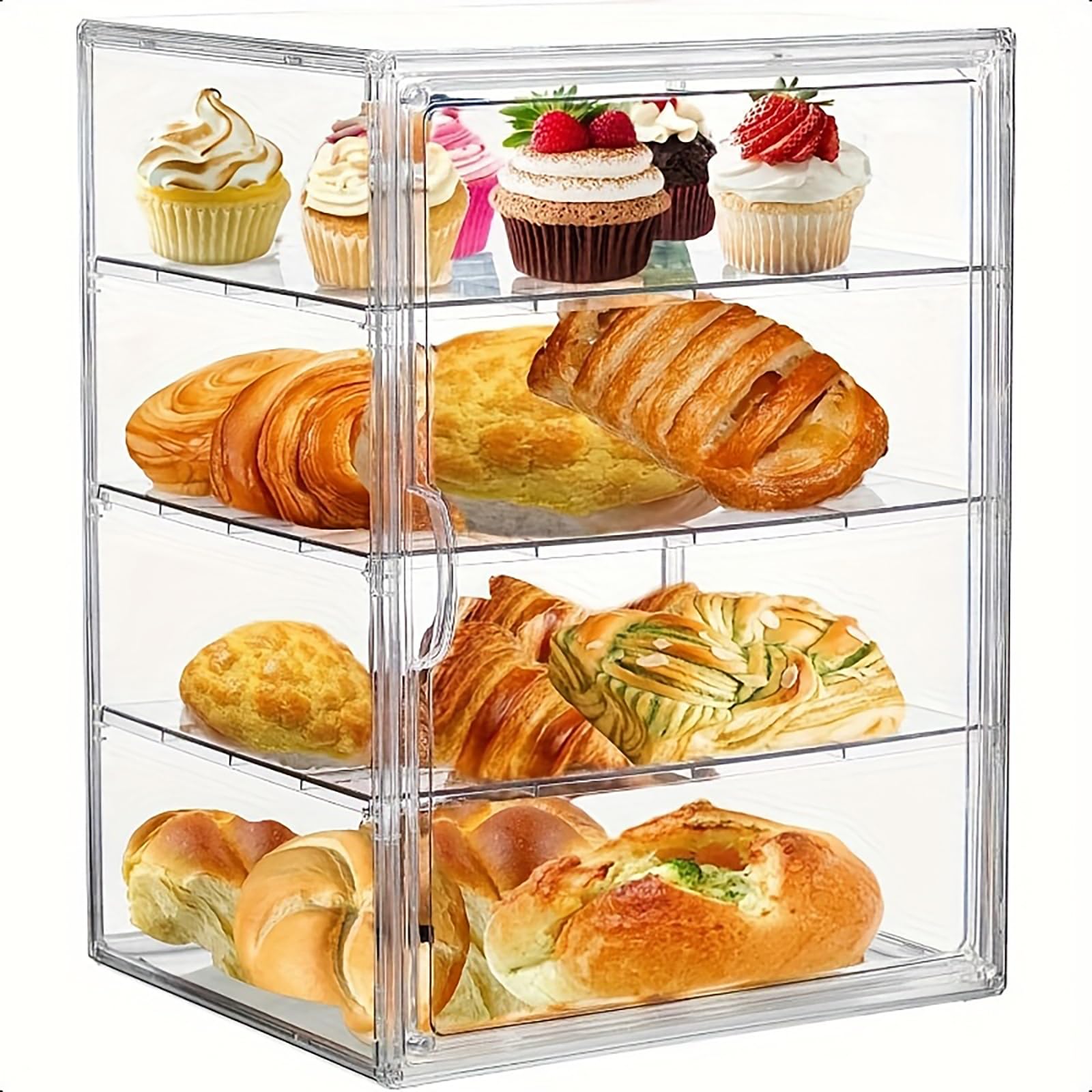 4-Layer Adjustable Bread Bin, 39cm Clear Acrylic Bread Box with Door, Transparent Bakery Pastry Display Case for Loaves, Cakes, Muffins
