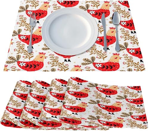 Miniatura 2 de Juego de 4 manteles individuales florales de gallinas de granja, lavables, impermeables, para decoración de mesa de comedor, 18 x 12 pulgadas