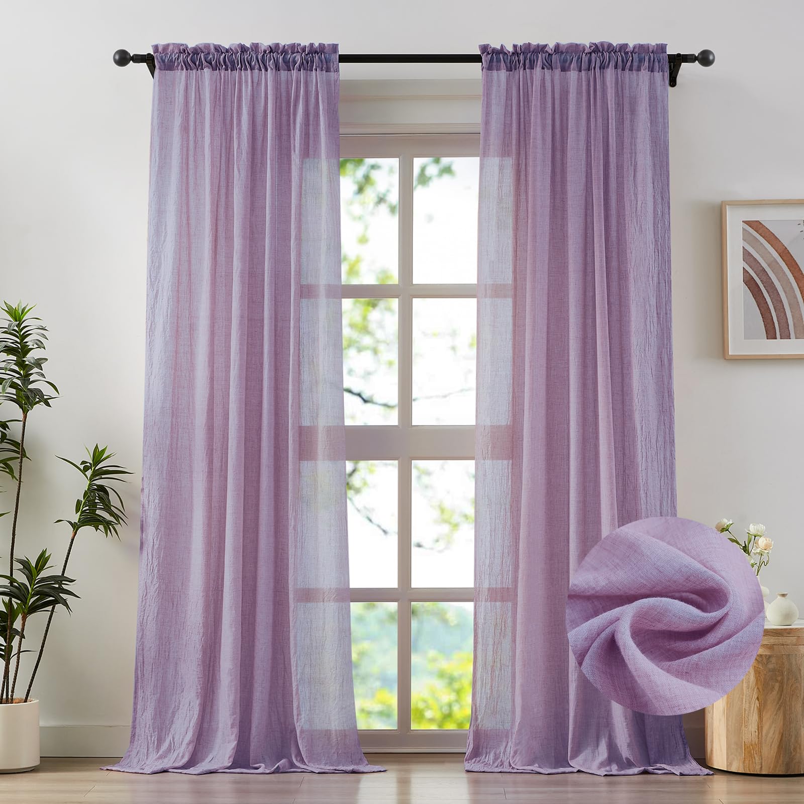 Cortinas traslúcidas color morado de 84 pulgadas de largo y algodón con textura para sala de estar, dormitorio, cortinas traslúcidas suaves que filtran la luz, cortinas de crepé naturales con