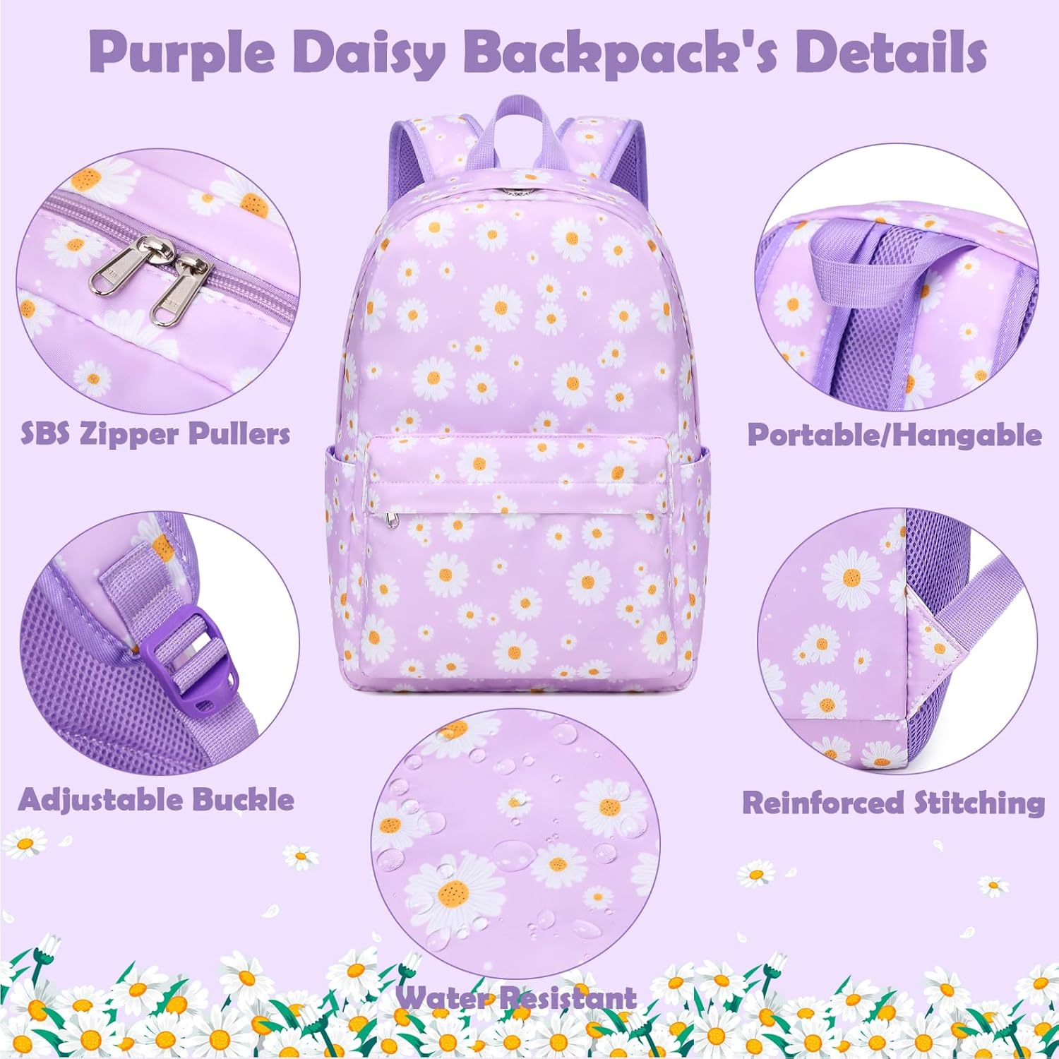 Kimwadalh Girls Backpacks for Elementary School, Large Capacity Purple Daisy Backpack for Teen Girls
